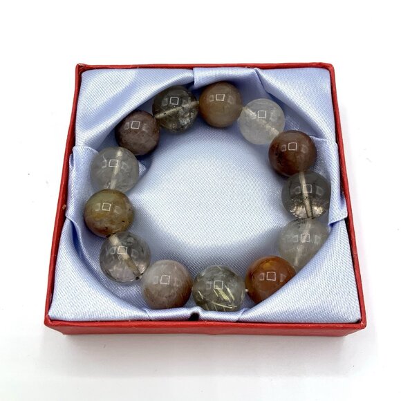 Rutilated Natural Quartz Crystal Stretch Bracelet Gemstone 13x0.5” Beads w/ Box - Picture 2 of 11